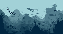 Silhouette Of Coral Reef With Fish On Blue Sea Background Underwater Vector Illustration