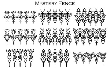 Wall Mural - Assorted spooky cemetery fence silhouettes. Assets isolated on a white background. Scary, haunted and spooky fence elements