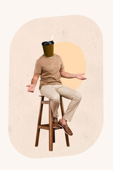 Sticker - Creative 3d collage image sketch postcard graphics of person open hand arm speak coffee cup instead head isolated on painting background