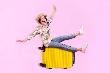 Sticker - Creative 3d collage graphics image postcard poster of happy funny funky lady sit suitcase ready vacation isolated on painting background