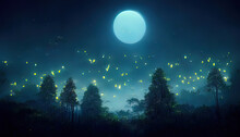 Fireflies, Night Forest Landscape. Digital Painting, 4k, High Quality. Insects In Forest At Night. Tall Trees, Grass, Yellow Lights. Beautiful Scenery, High Quality Firefly