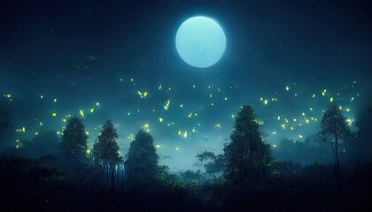 fireflies, night forest landscape. digital painting, 4k, high quality. insects in forest at night. t