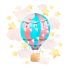  A composition with a balloon in clouds and stars painted in watercolor and isolated on a white background.