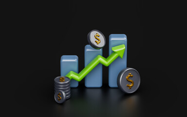 Wall Mural - chart up arrow with dollar coin sign on dark background 3d render concept for financial market