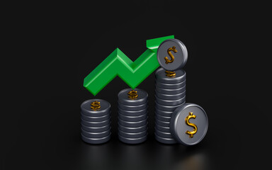 Wall Mural - dollar coin with chart up arrow sign on dark background 3d render concept for profitable investment