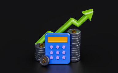 Wall Mural - calculator sing with dollar coin up arrow on dark background 3d render concept for profit calculate
