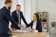 © Studio Romantic - Smiling diverse businesspeople shake hands get acquainted greeting at office meeting. Happy business partners or clients handshake close deal or make agreement after successful negotiation.