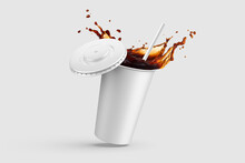 Paper Soda Cup With Cola Splash And Straw Mockup Template, Isolated On Light Grey Background. High Resolution.