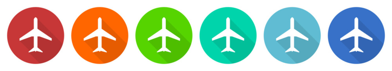 Wall Mural - Plane, flight, airplane icon set, flat design vector illustration in 6 colors options for webdesign and mobile applications