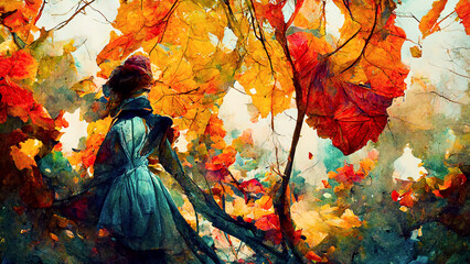 Wall Mural - girl walking through a fantasy forest in autumn watercolor, created with generative ai