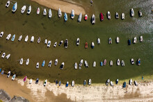 Aerial View Of Boats In A Dry Harbour At Low Tide (New Quay, Wales)