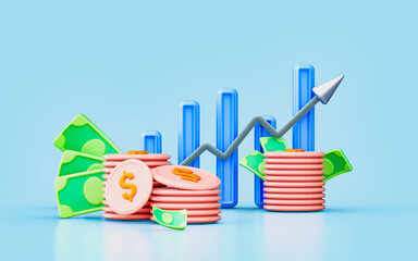 Wall Mural - line chart bar sign with up arrow dollar coin note 3d render concept for financial chart
