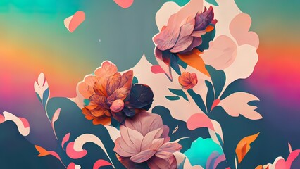 Wall Mural - Floral background with soft pastel colors. 4K organic, colorful flowers pattern. Flower illustration with leafs.  Beautiful abstract background or wallpaper. Pink, orange, blue, peach colors.