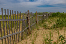 Wooden Fence In The Sand Dunes In The Summer At The Cape Cod Beach, Massachusetts