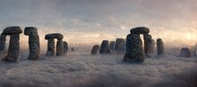 Cloudy Overcast Foggy Morning With Imaginative Surreal Ancient Druid Stone Megaliths In Grass Field - Eroded Rock Inscriptions And Symbols Adorn The Pillars. Magical And Mysterious Wonder.  