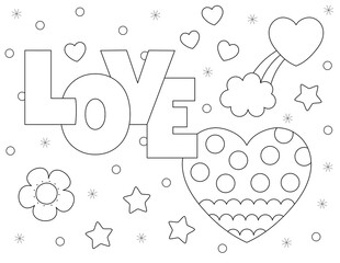 love and hearts fun coloring page that you can print on standard 8.5x11 inch paper. black and white 