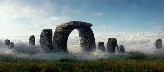 Cloudy overcast foggy morning with Imaginative surreal ancient druid stone megaliths in grass field - eroded rock inscriptions and symbols adorn the pillars. Magical and mysterious wonder.  