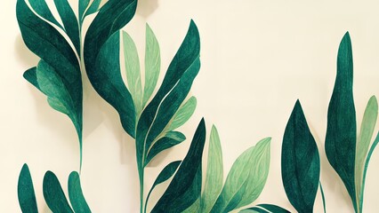 Green plant and leafs pattern. Pencil, hand drawn natural illustration. Simple organic plants design. Botany vintage graphic art. 4k wallpaper, background. Simple, minimal, clean design.