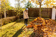 © J_Koneva - Young Woman cleans fallen maple autumn leaves in the garden.