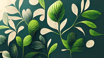 Green plant and leafs pattern. Pencil, hand drawn natural illustration. Simple organic plants design. Botany vintage graphic art. 4k wallpaper, background. Simple, minimal, clean design.