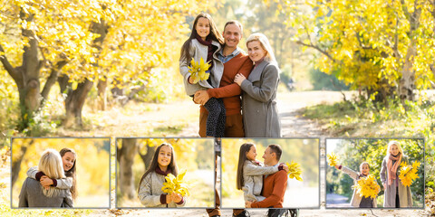 Wall Mural - Smiling young family throwing leaves around on an autumns day