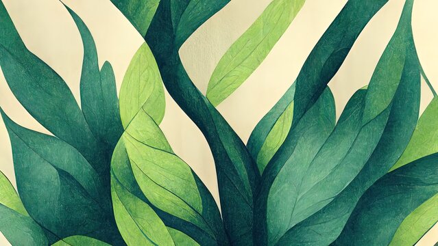 Wall Mural -  - Green plant and leafs pattern. Pencil, hand drawn natural illustration. Simple organic plants design. Botany vintage graphic art. 4k wallpaper, background. Simple, minimal, clean design.