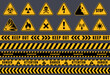 Danger signs that warn of possible danger to life and health. Prohibition strips of fencing. Yellow triangle warning of danger. Vector illustration