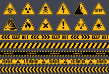 Danger Signs That Warn Of Possible Danger To Life And Health. Prohibition Strips Of Fencing. Yellow Triangle Warning Of Danger. Vector Illustration