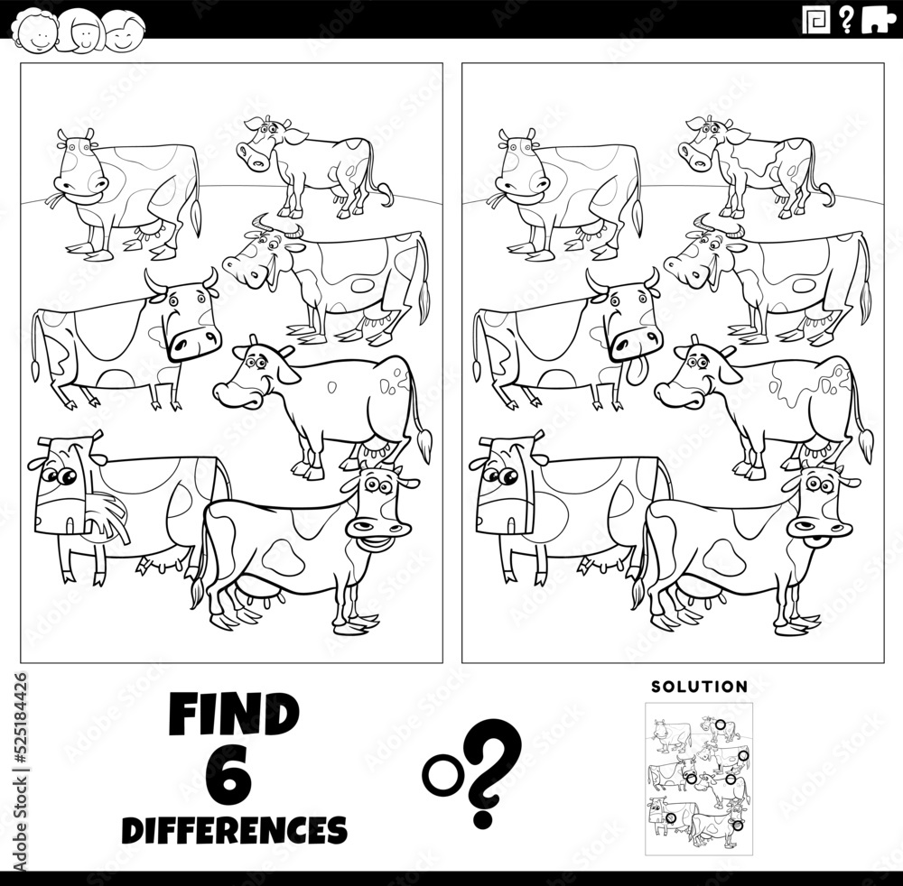 differences game with cartoon cows farm animals coloring page Stock ...