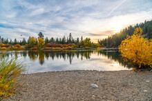 The Small Beach And Swimming Hole Area At Plantes Ferry Park On The River In The Spokane Valley Area Of Spokane, Washington, USA At Autumn. Part Of The Centennial Trail.