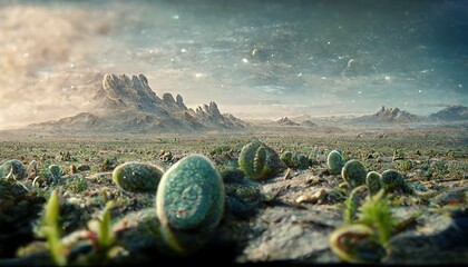 Sticker - desert land with mountains, cacti and plants under a green sky with stars and satellites.