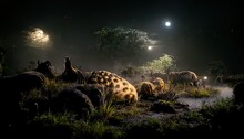 Silhouettes Of African Animals In The Night Landscape Of The Savannah Under A Dark Starry Sky With Moon