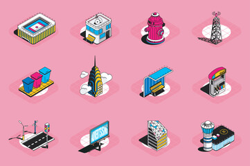 Fototapete - City buildings 3d isometric icons set. Pack elements of urban infrastructure, hydrant, station, roadway, billboard, hospital, skyscraper and others. Vector illustration in modern isometric design