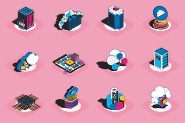 Fototapete - Cloud technology 3d isometric icons set. Pack elements of hardware datacenter racks, computer, microchip, data computing, server, database and others. Vector illustration in modern isometric design