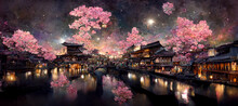 The City Of Kyoto 1000 Years Ago At Night  With Many Cherry Blossoms In Full Bloom Digital Art Illustration Painting Hyper Realistic