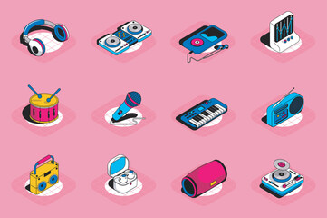 Poster - Music 3d isometric icons set. Pack elements of headphones, equalizer, song player, drum, microphone, piano, radio, musical speaker, karaoke and others. Vector illustration in modern isometric design