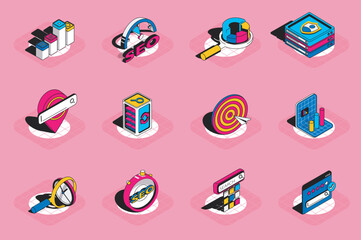 Aufkleber - Seo optimization 3d isometric icons set. Pack elements of traffic, rating, network, target, keyword page ranking, data analytics, strategy and others. Vector illustration in modern isometric design