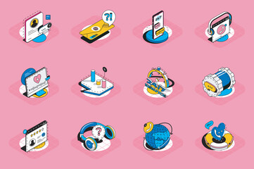Leinwandbilder - Support 3d isometric icons set. Pack elements of online communication, contact us, chat, email, client call, help service, question, feedback and others. Vector illustration in modern isometric design