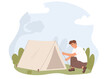 © justpictures - Man pitching a tent outdoor. Camping in nature places.