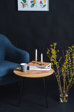 Interior And Home Decor Concept - Close Up Of Blue Chair, Coffee Table, Tree Branches In Vase And Picture On Black Wall In Dark Room