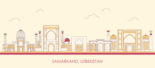  Cartoon Skyline panorama of city of Samarkand, Uzbekistan - vector illustration