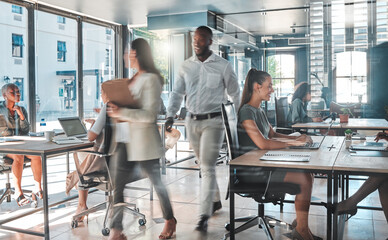 Aufkleber - Busy office with a productive team of employees working hard and fast to complete tasks and projects. Colleagues, coworkers or business people in a modern workplace being creative