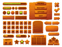 Wooden Buttons Cartoon Interface. UI Game, GUI Elements With Wooden Texture. Game Interface Menu Options, Bars And Sliders, User Interface Vector Icons And Buttons, Wooden Banners, Arrows And Pointers