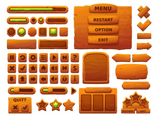 Wooden buttons cartoon interface. UI game, GUI elements with wooden texture. Game interface menu options, bars and sliders, user interface vector icons and buttons, wooden banners, arrows and pointers