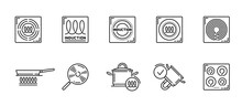 Induction icons of cooker stove top or kitchen hob and cookware, vector spiral symbols. Induction compatible kitchenware linear signs of saucepan or frying pan suitable for cooker stoves and cooktops