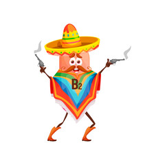 Sticker - Cartoon vitamin B2 mexican cowboy character. Funny vector riboflavin western ranger or horseman wear sombrero and poncho with steaming guns. Pink isolated smiling capsule pill personage