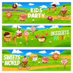 Sticker - Kids party. Cartoon desserts, sweets and cake characters on meadow. Cookie, sweet pie and donut, candy, waffle and cupcake, ice cream, pancake cheerful personages resting, having fun on summer meadow