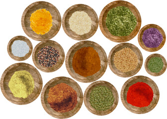 Wall Mural - Watercolor dry kitchen spices in wooden bowl: pepper, chili, curcuma, ginger, cardamom, nutmeg