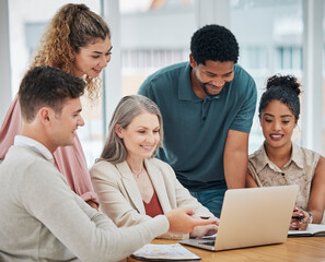 Canvas Print - Teamwork, togetherness and unity with a team of colleagues and female leader, boss or manager working on a laptop during a boardroom meeting in the office. Planning, discussing and talking strategy