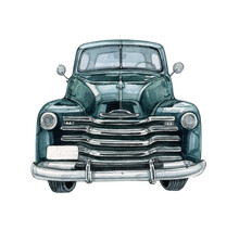 Watercolor Retro Pickup Truck Icon. Vintage American Classic Farmhouse Car, Emerald Green Farm Truck, Old Car From 50s. Isolated On White Background